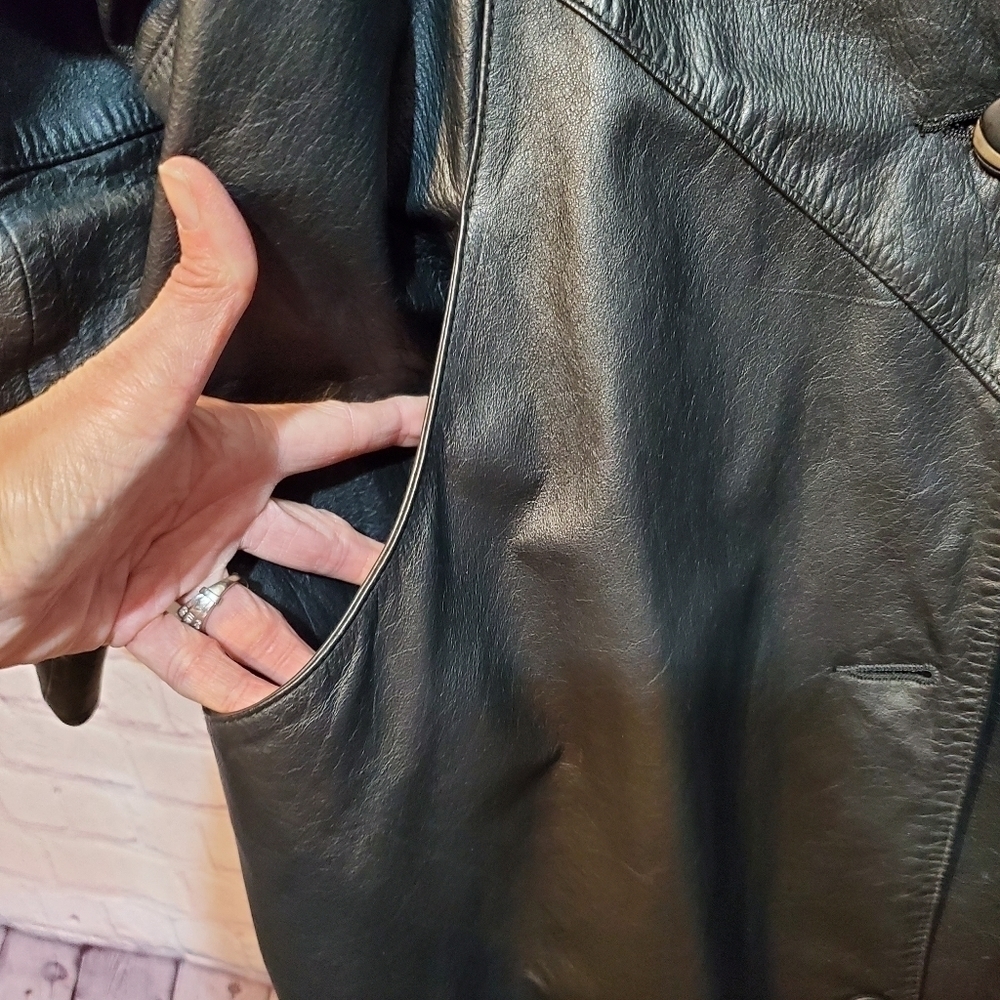 VINTAGE 80s LEATHER PELLE BLACK TRENCH COAT - Picture 3 of 11